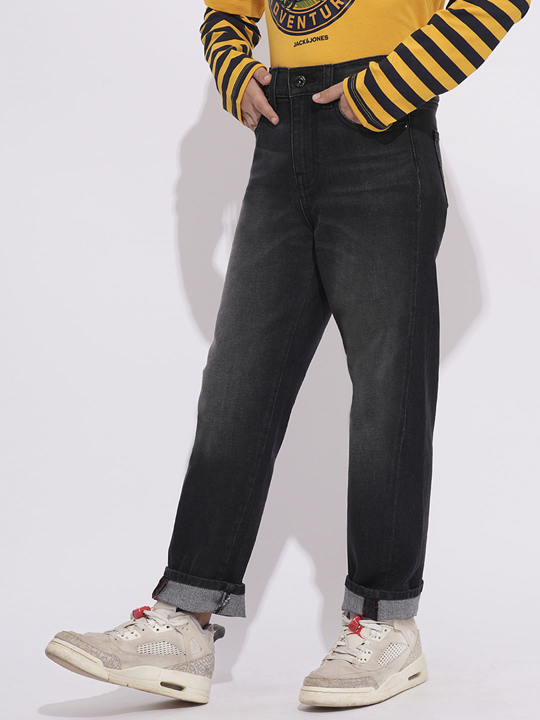 Charcoal Grey Mid Rise Washed Loose Fit Jeans