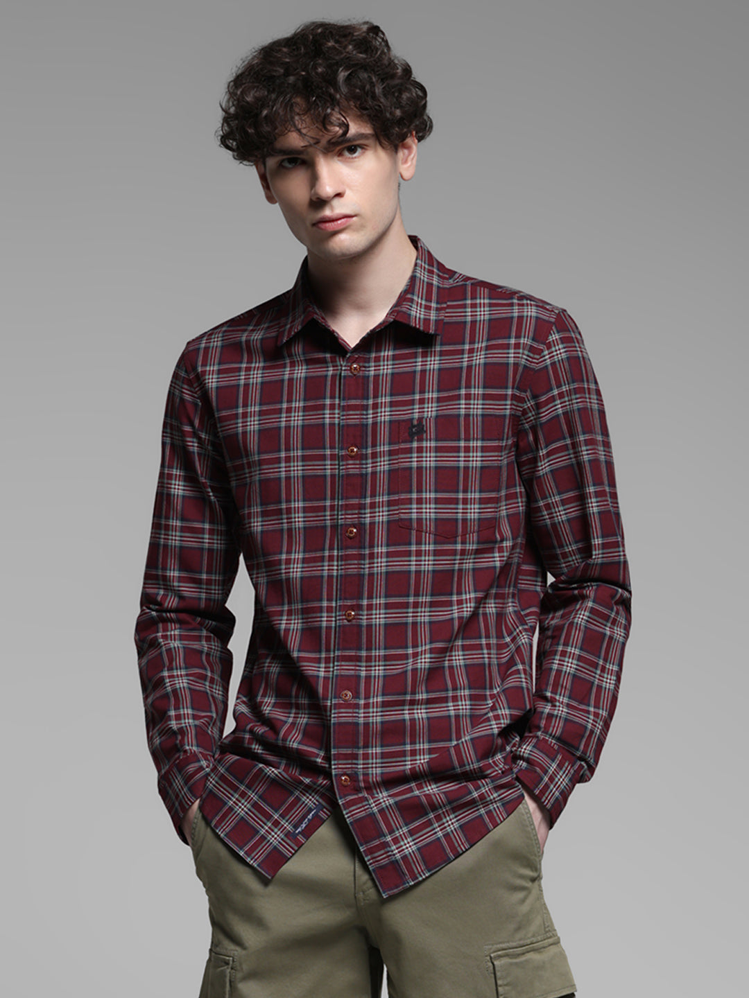 Dark Red Check Cotton Shirt