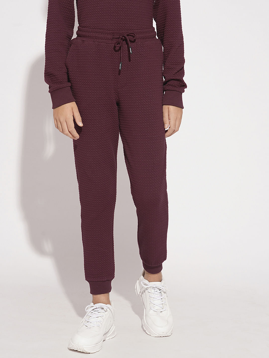 Boys Maroon Textured Co-ord Set Sweatpants