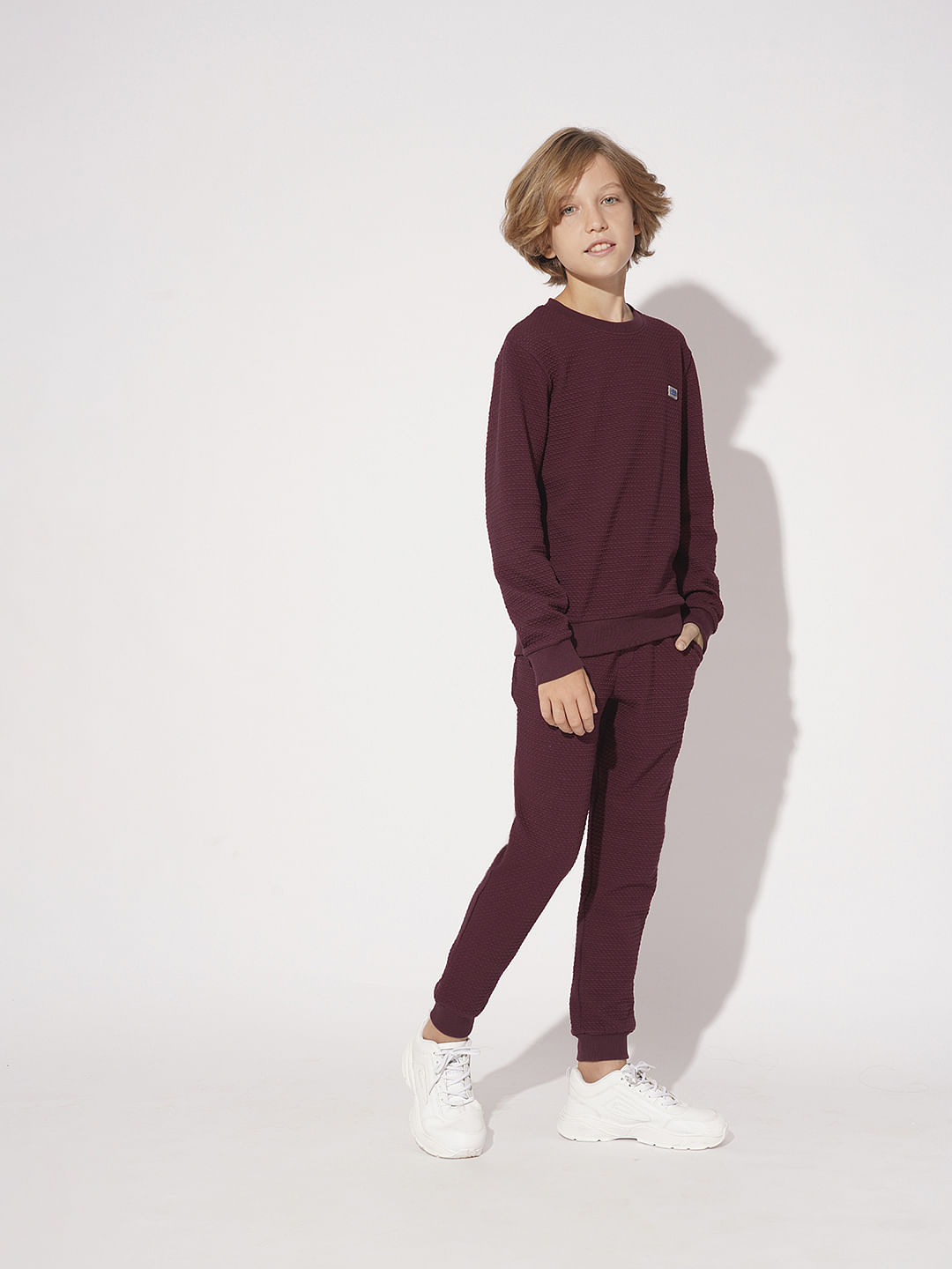 Boys Maroon Textured Co-ord Set Sweatpants