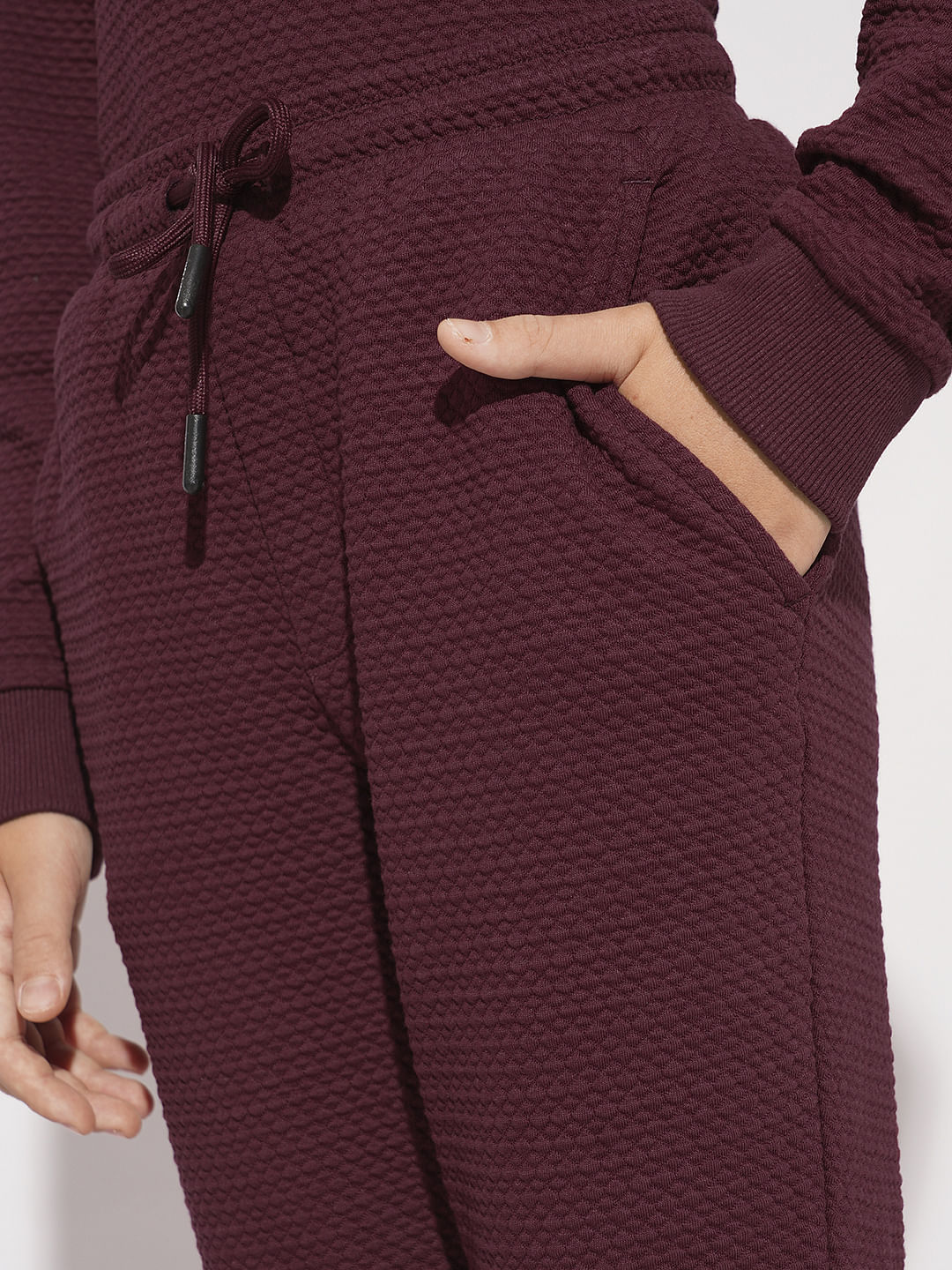 Boys Maroon Textured Co-ord Set Sweatpants