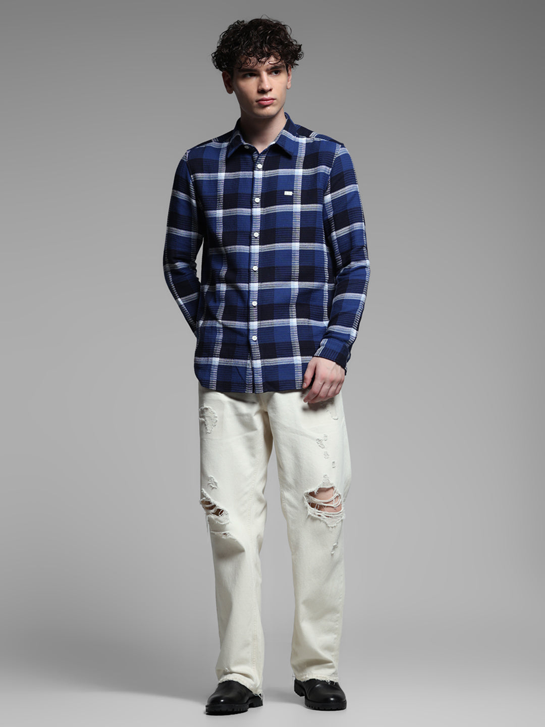 Dark Blue Check Cotton Shirt