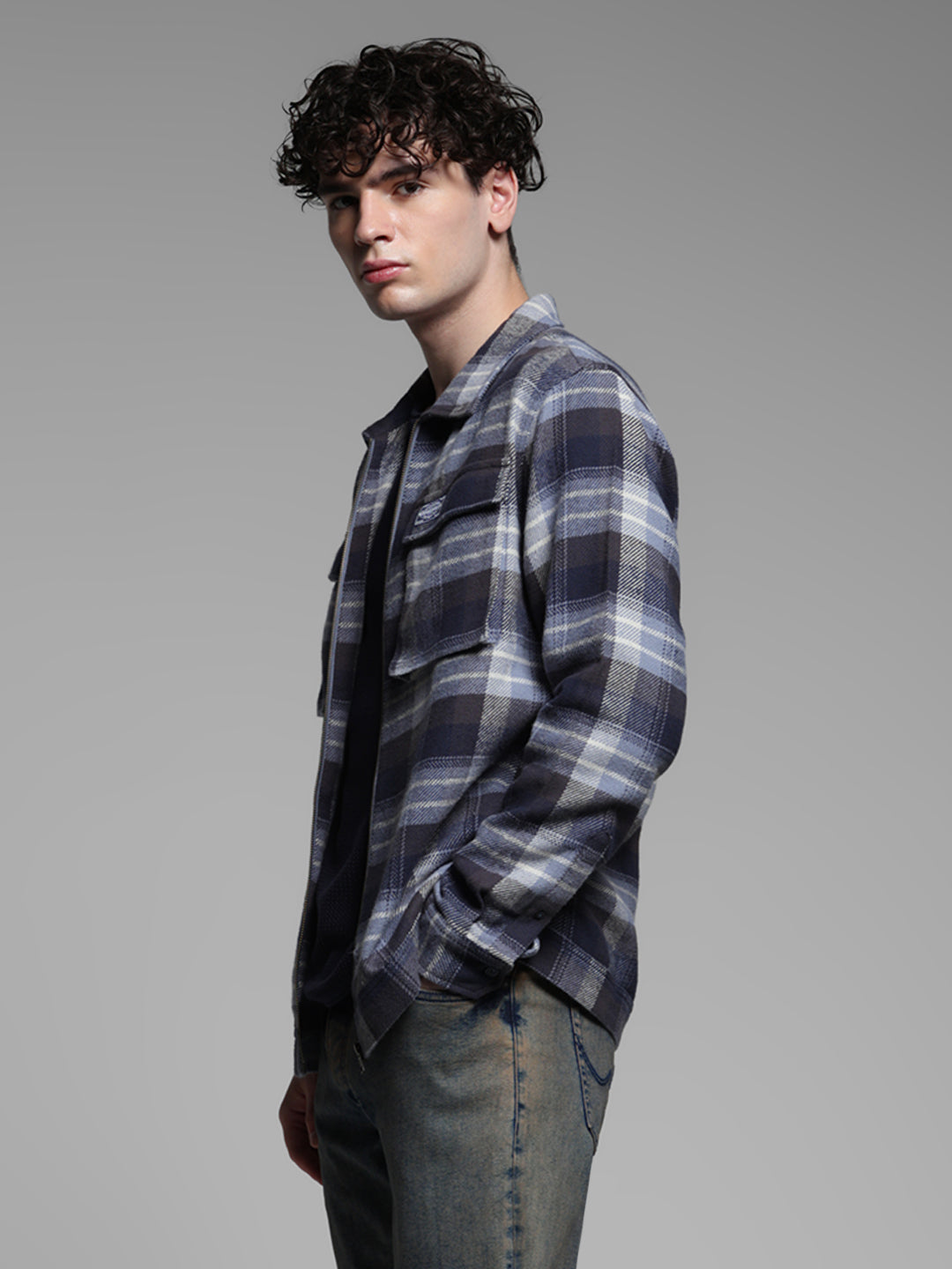 Blue Check Zip Up Shirt