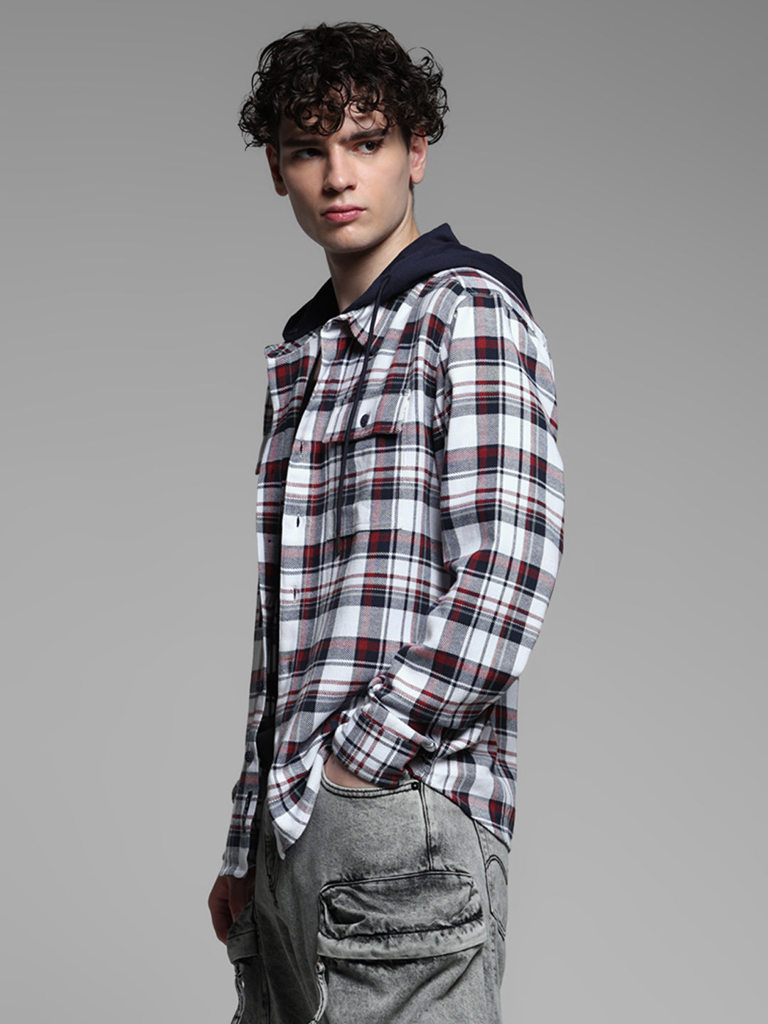 White Check Hooded Shirt