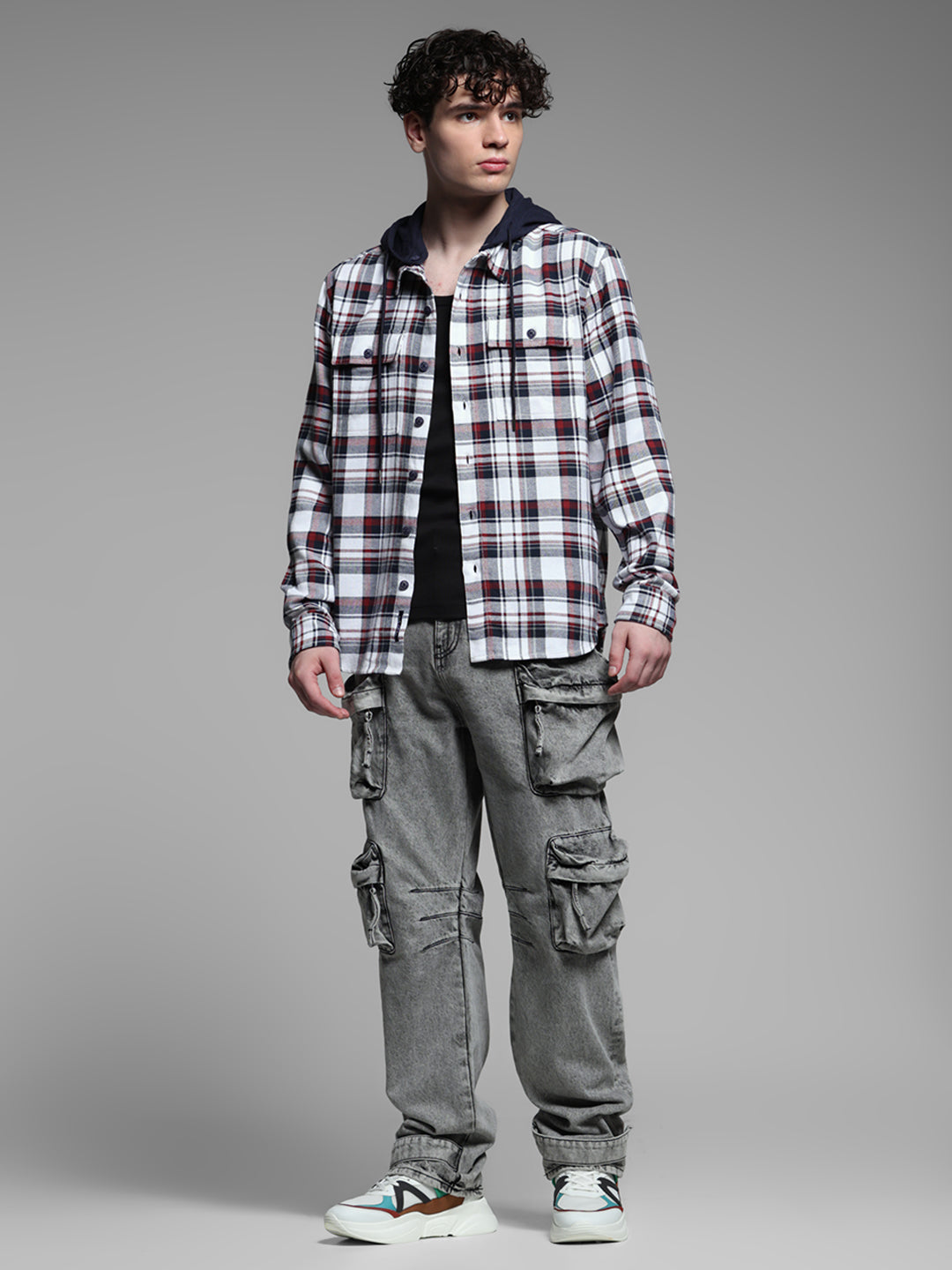 White Check Hooded Shirt