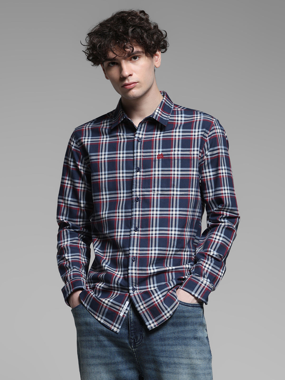 Navy Blue Check Cotton Shirt