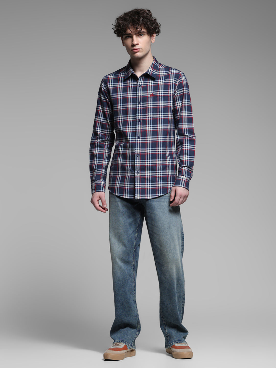 Navy Blue Check Cotton Shirt