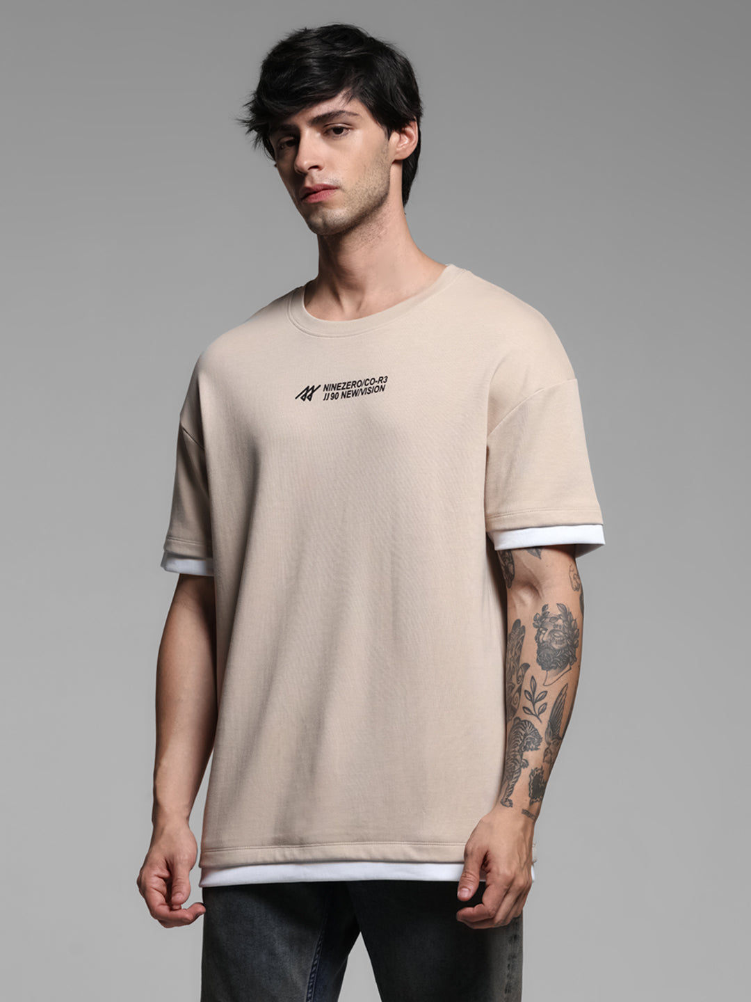 Beige Printed Boxy Fit T-shirt