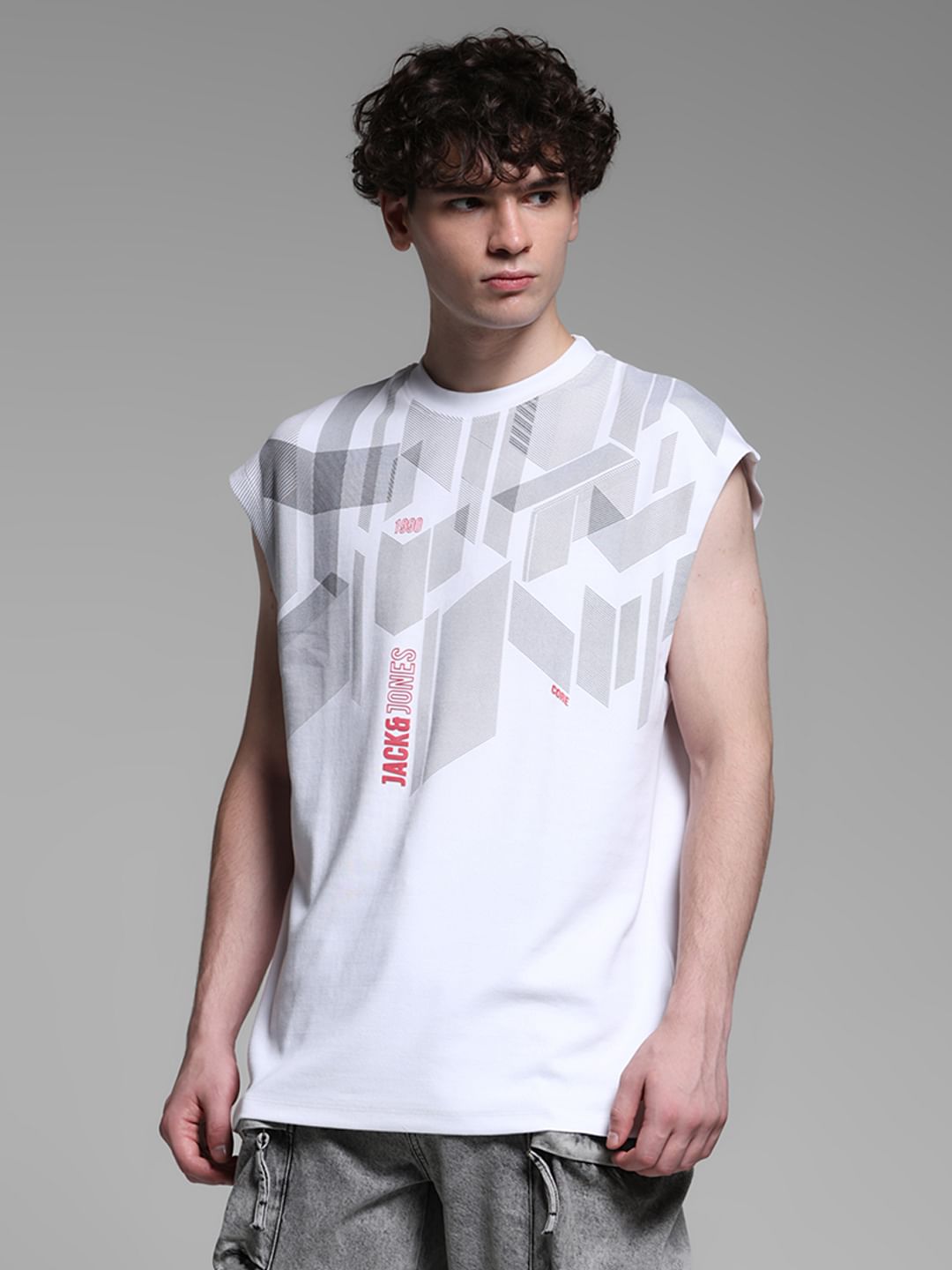 White Printed Sleeveless T-shirt