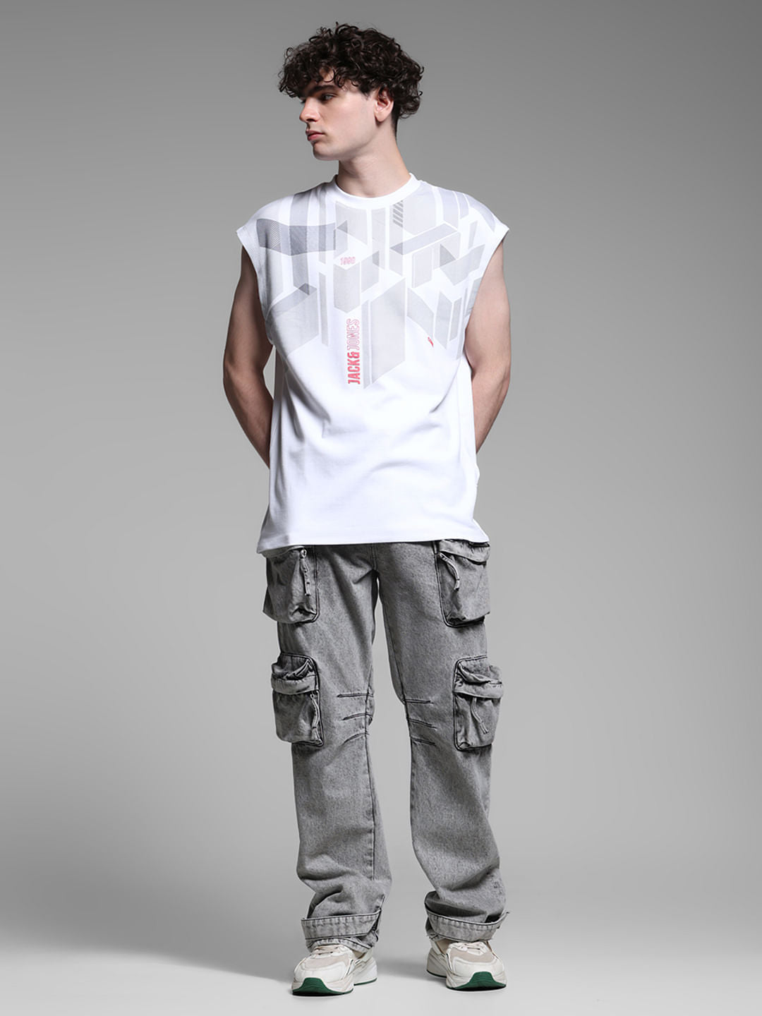 White Printed Sleeveless T-shirt