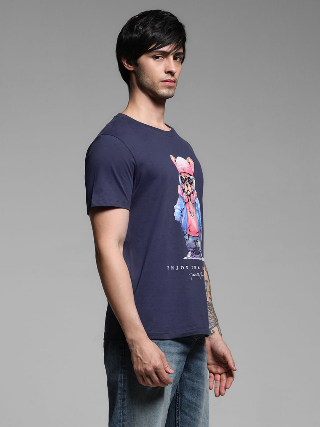 Navy Blue Cotton Graphic Print T-shirt
