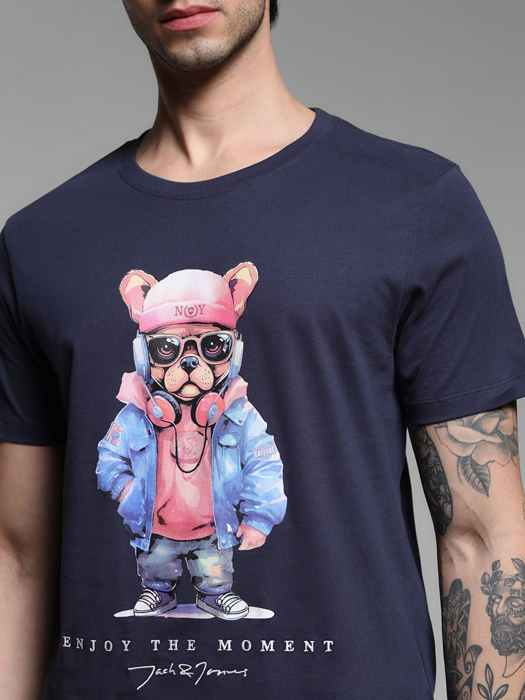 Navy Blue Cotton Graphic Print T-shirt