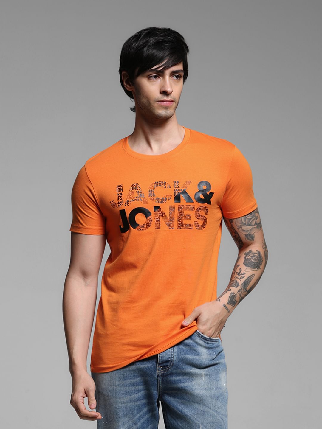 Orange Logo Print Cotton T-shirt