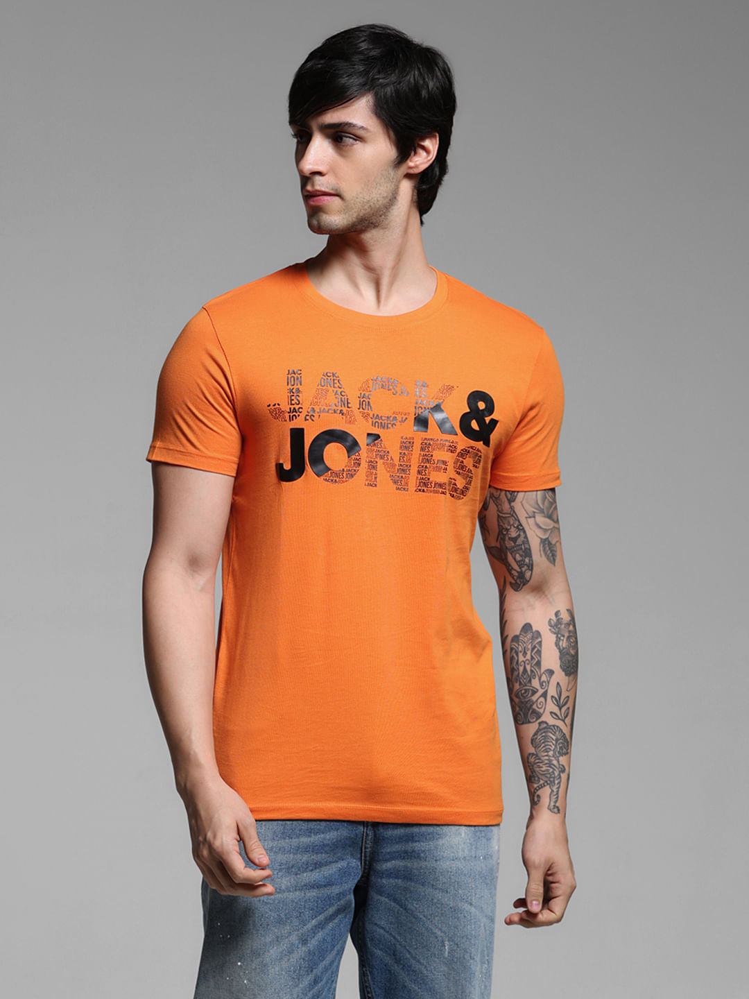 Orange Logo Print Cotton T-shirt