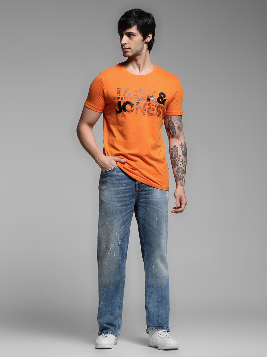 Orange Logo Print Cotton T-shirt