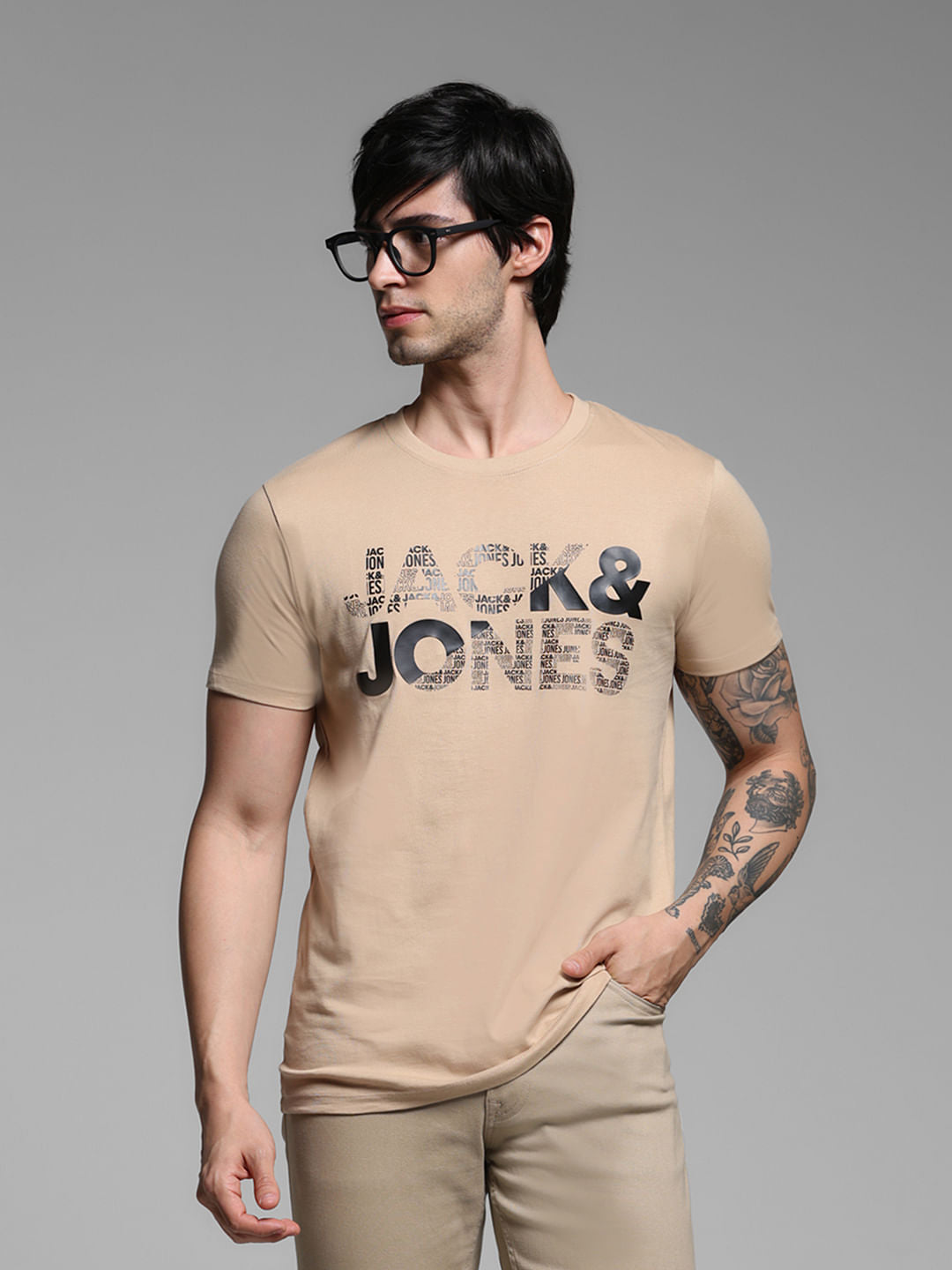 Beige Logo Print Cotton T-shirt