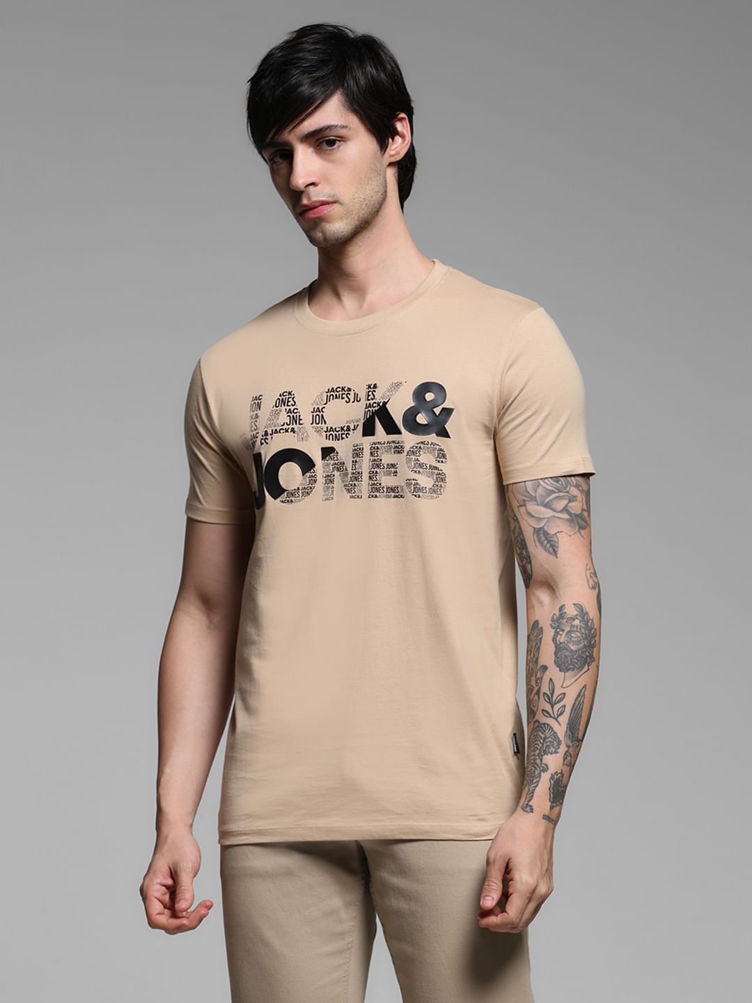 Beige Logo Print Cotton T-shirt