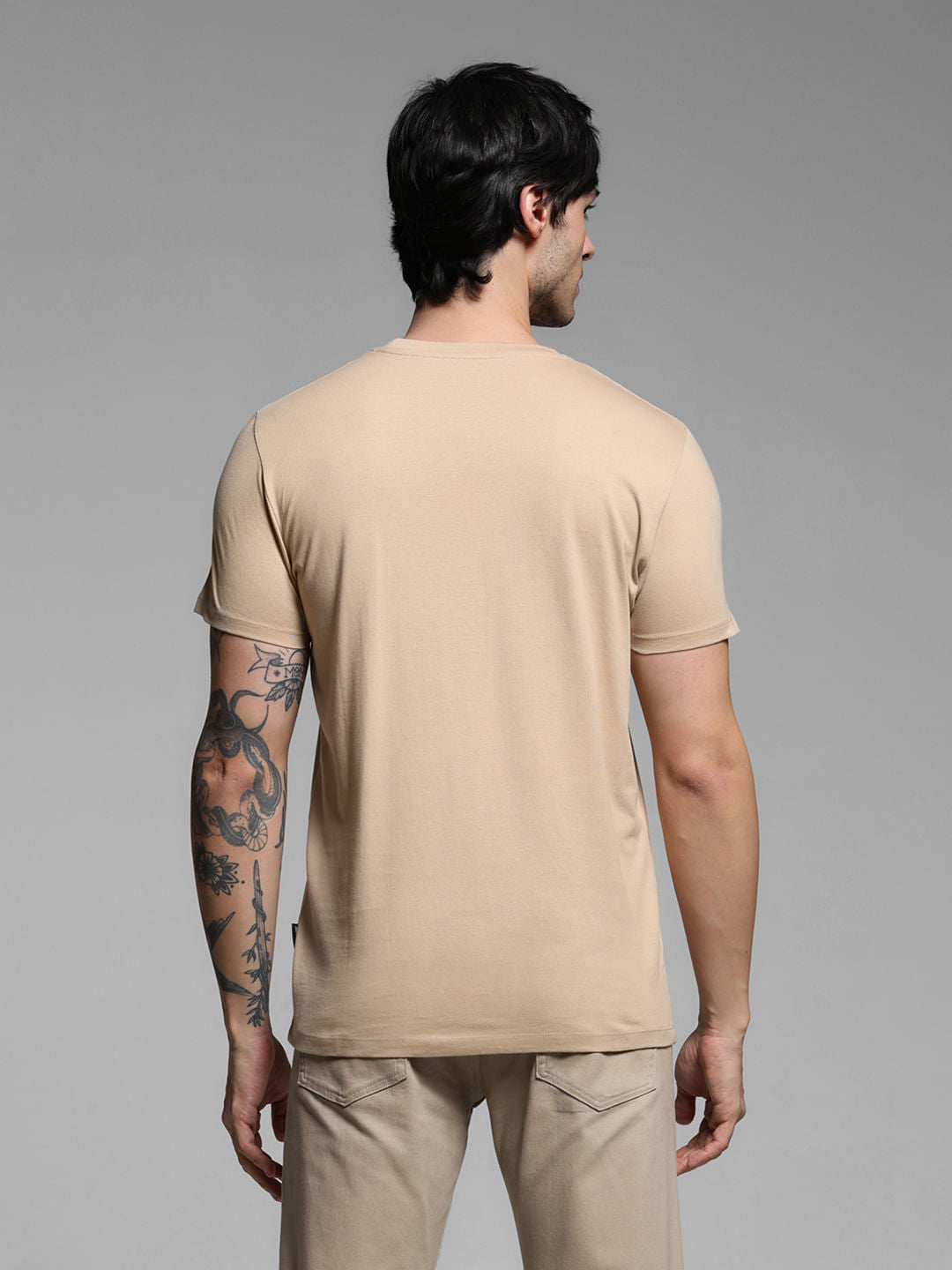 Beige Logo Print Cotton T-shirt