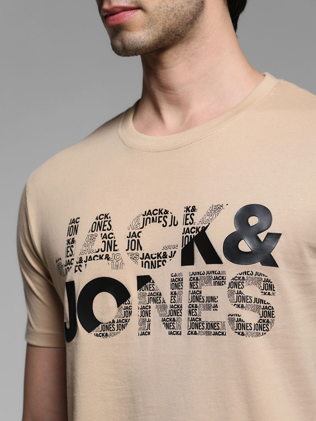 Beige Logo Print Cotton T-shirt