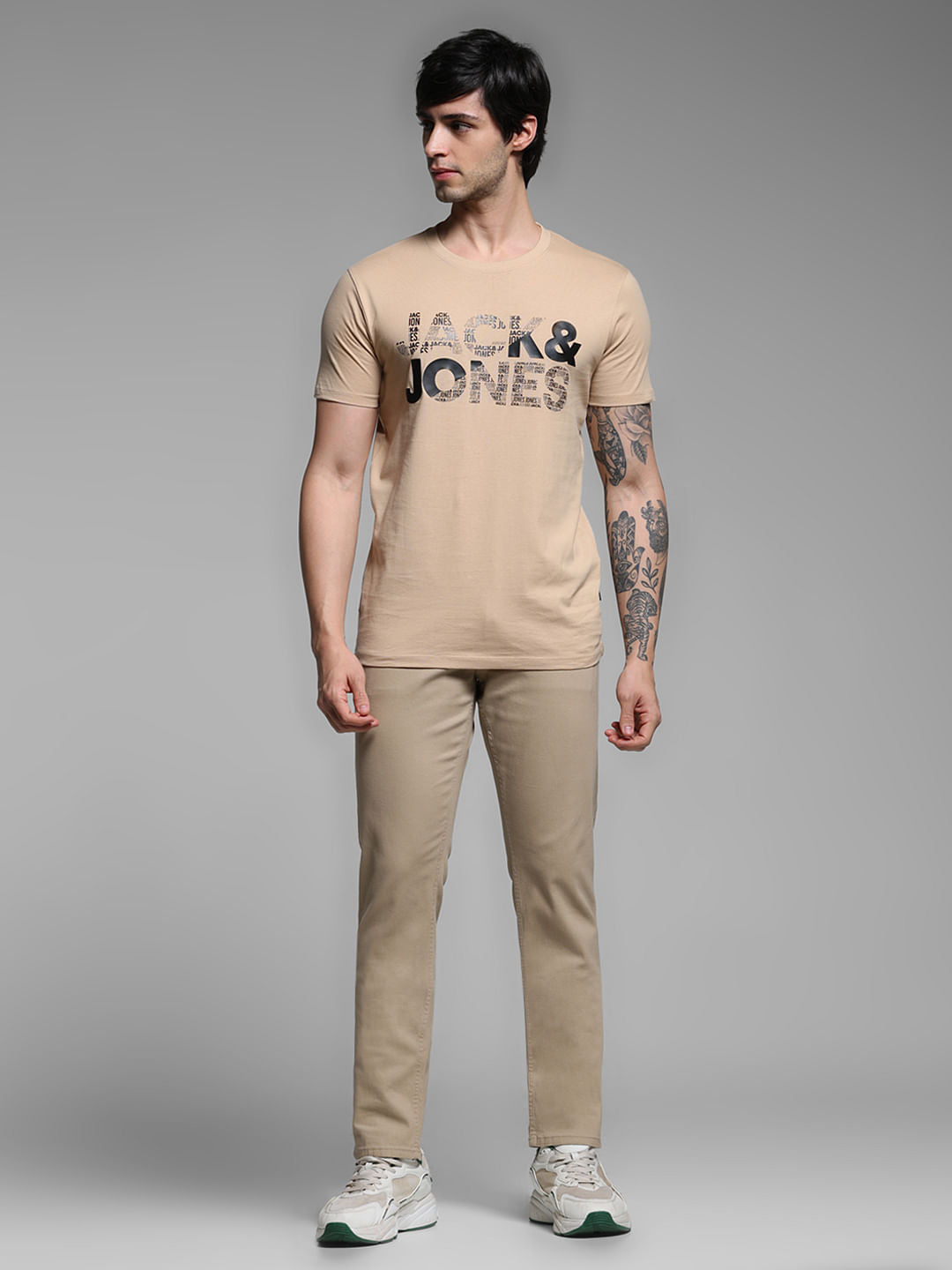 Beige Logo Print Cotton T-shirt