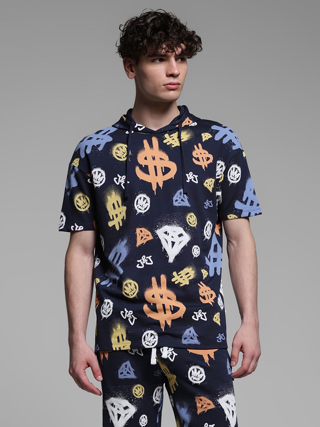 Blue Printed Hooded Co-ord Set T-shirt