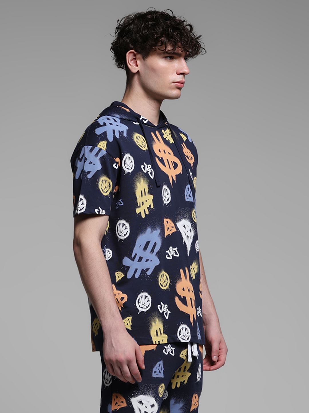 Blue Printed Hooded Co-ord Set T-shirt