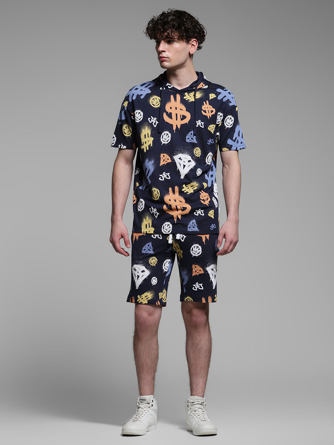 Blue Printed Hooded Co-ord Set T-shirt