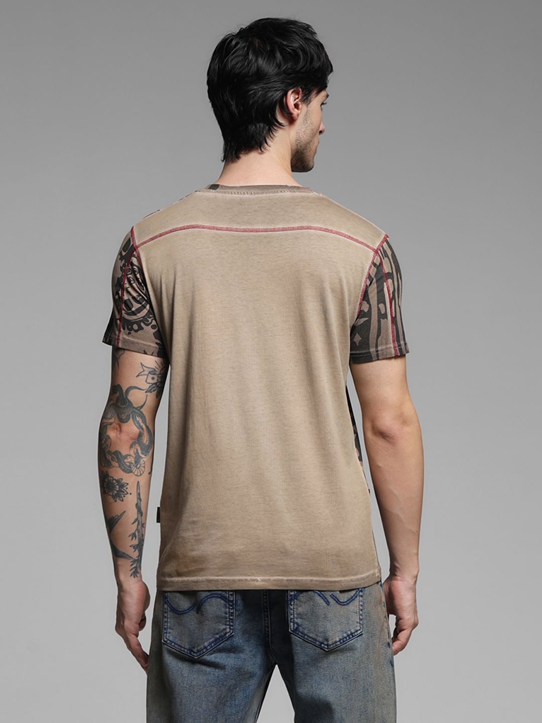 Dark Brown Printed Crew Neck T-shirt