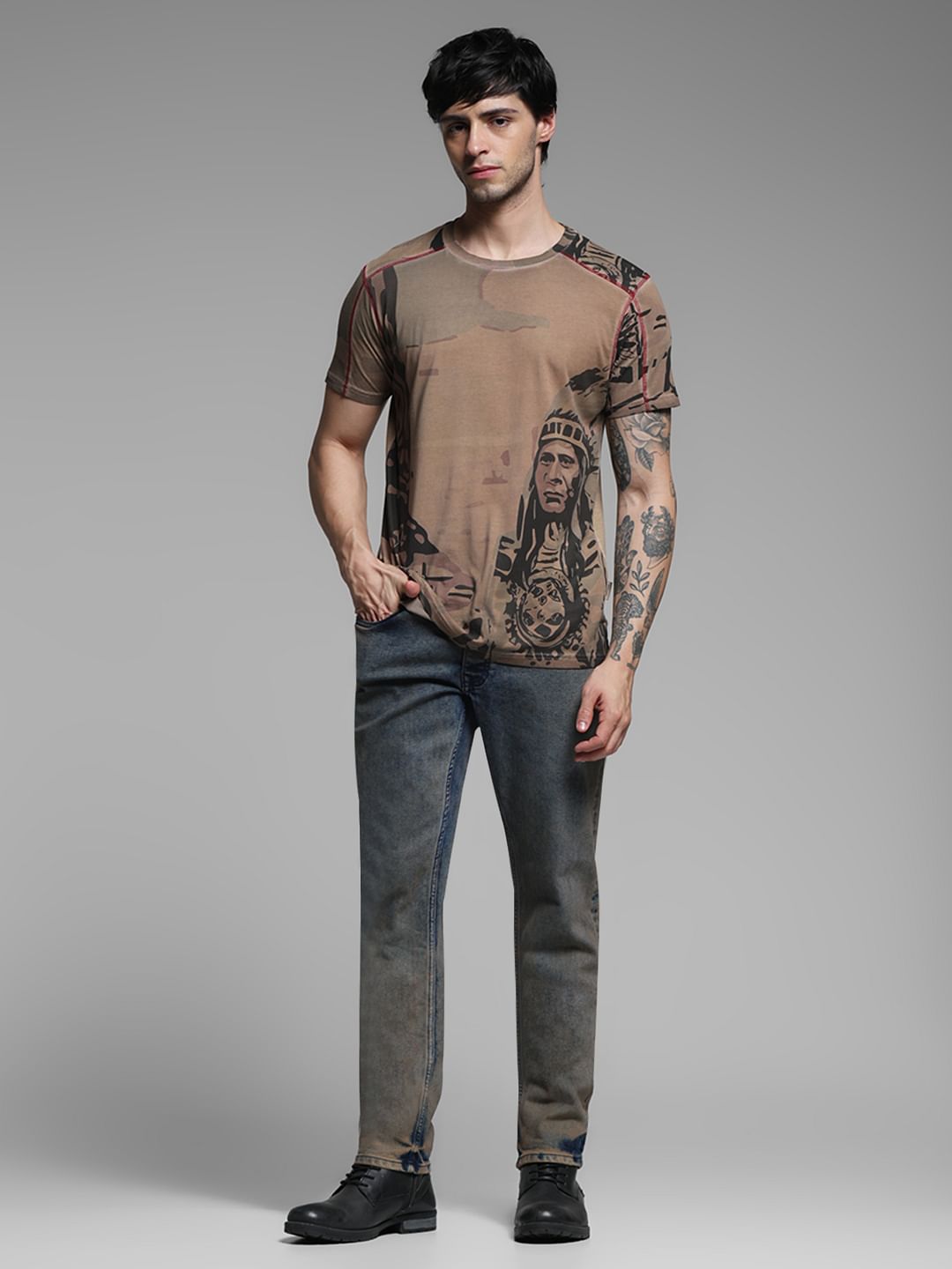 Dark Brown Printed Crew Neck T-shirt
