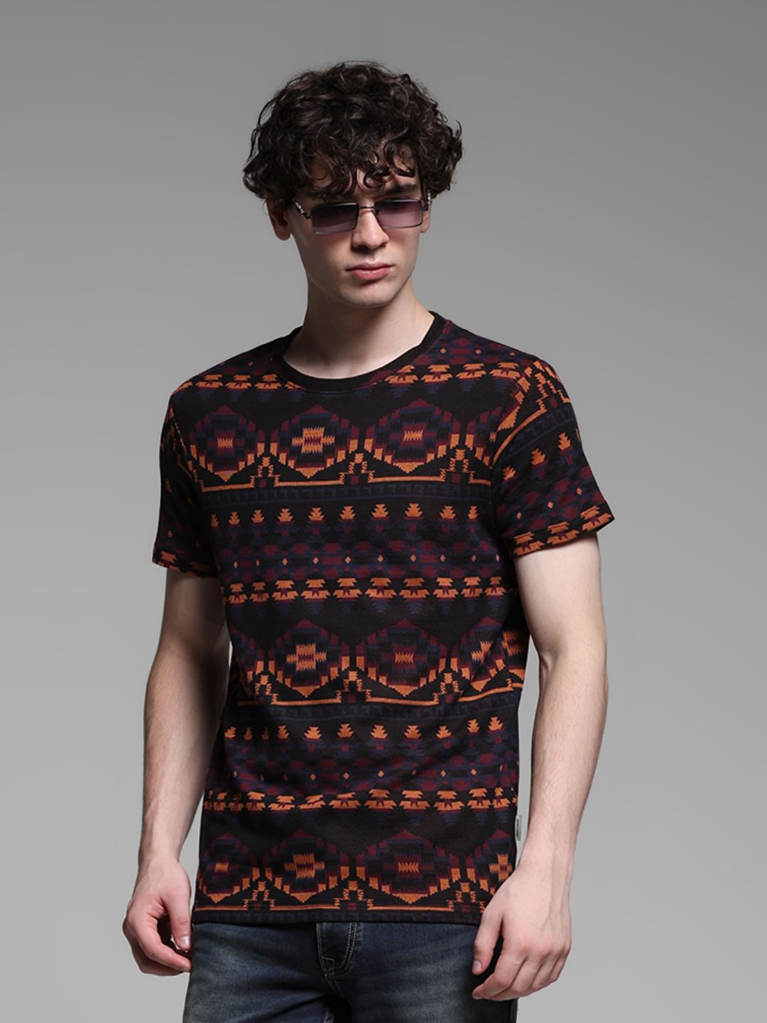 Maroon Printed Jacquard Cotton T-shirt