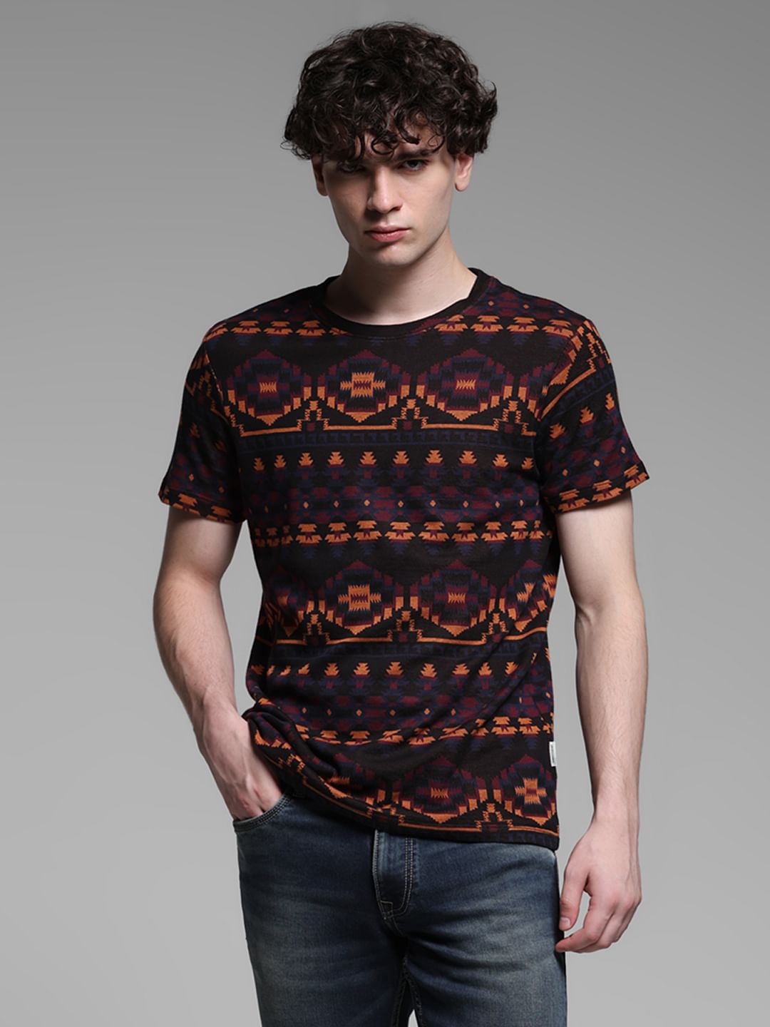 Maroon Printed Jacquard Cotton T-shirt