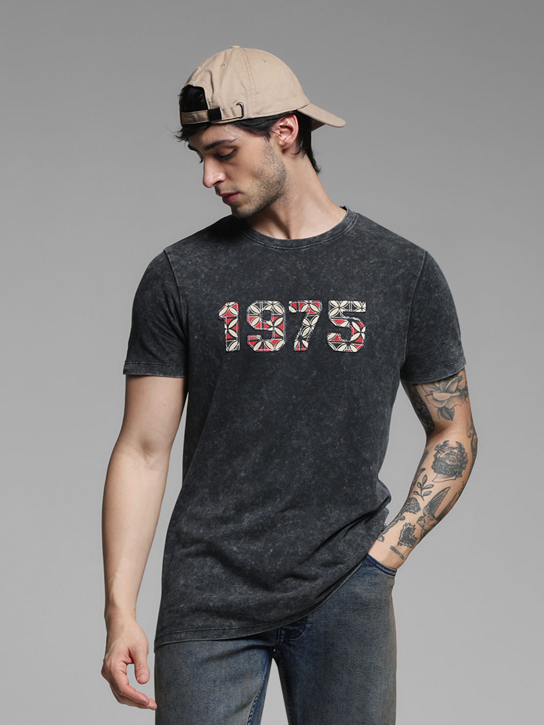 Black Applique Text Cotton T-shirt