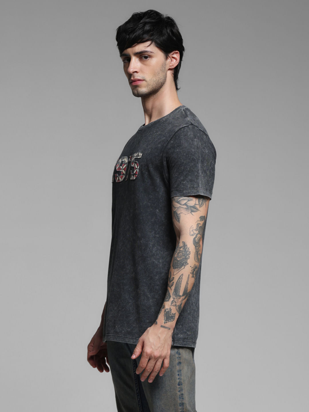 Black Applique Text Cotton T-shirt