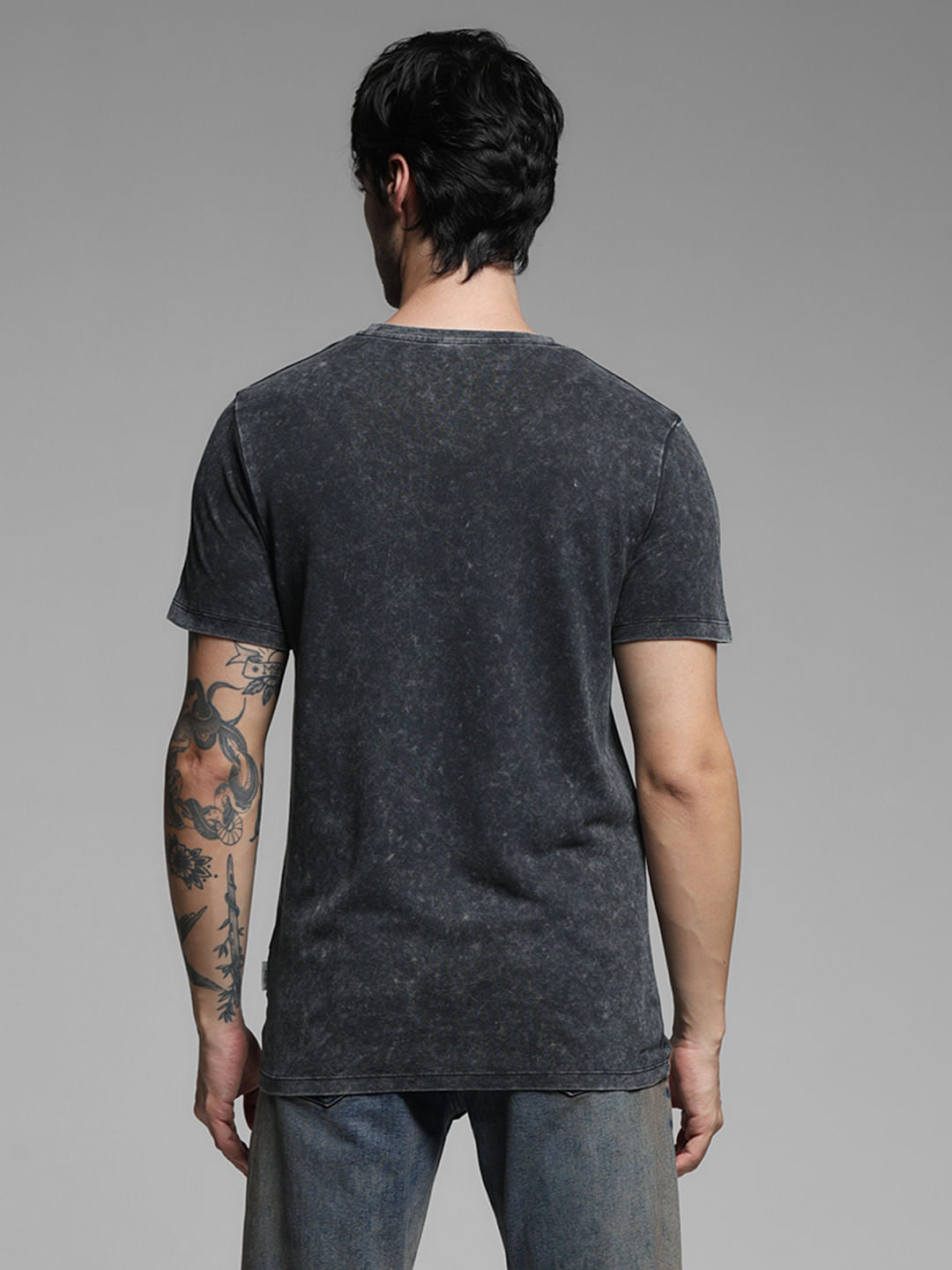 Black Applique Text Cotton T-shirt