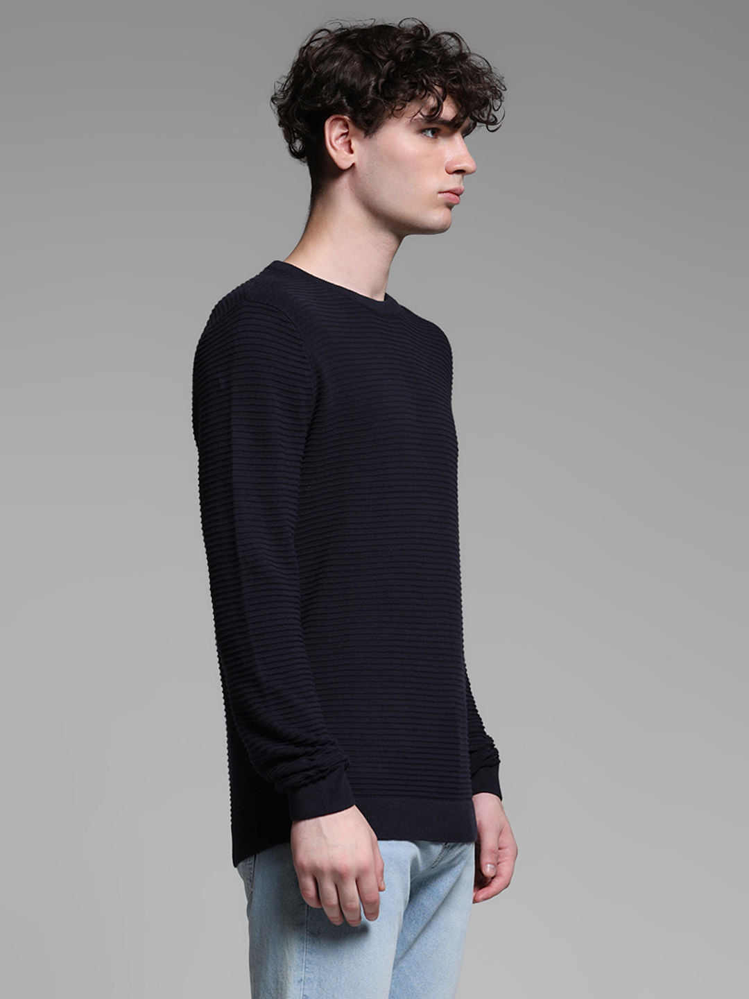 Navy Blue Flat Knit Cotton Pullover