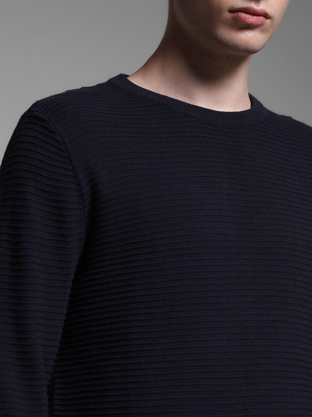 Navy Blue Flat Knit Cotton Pullover