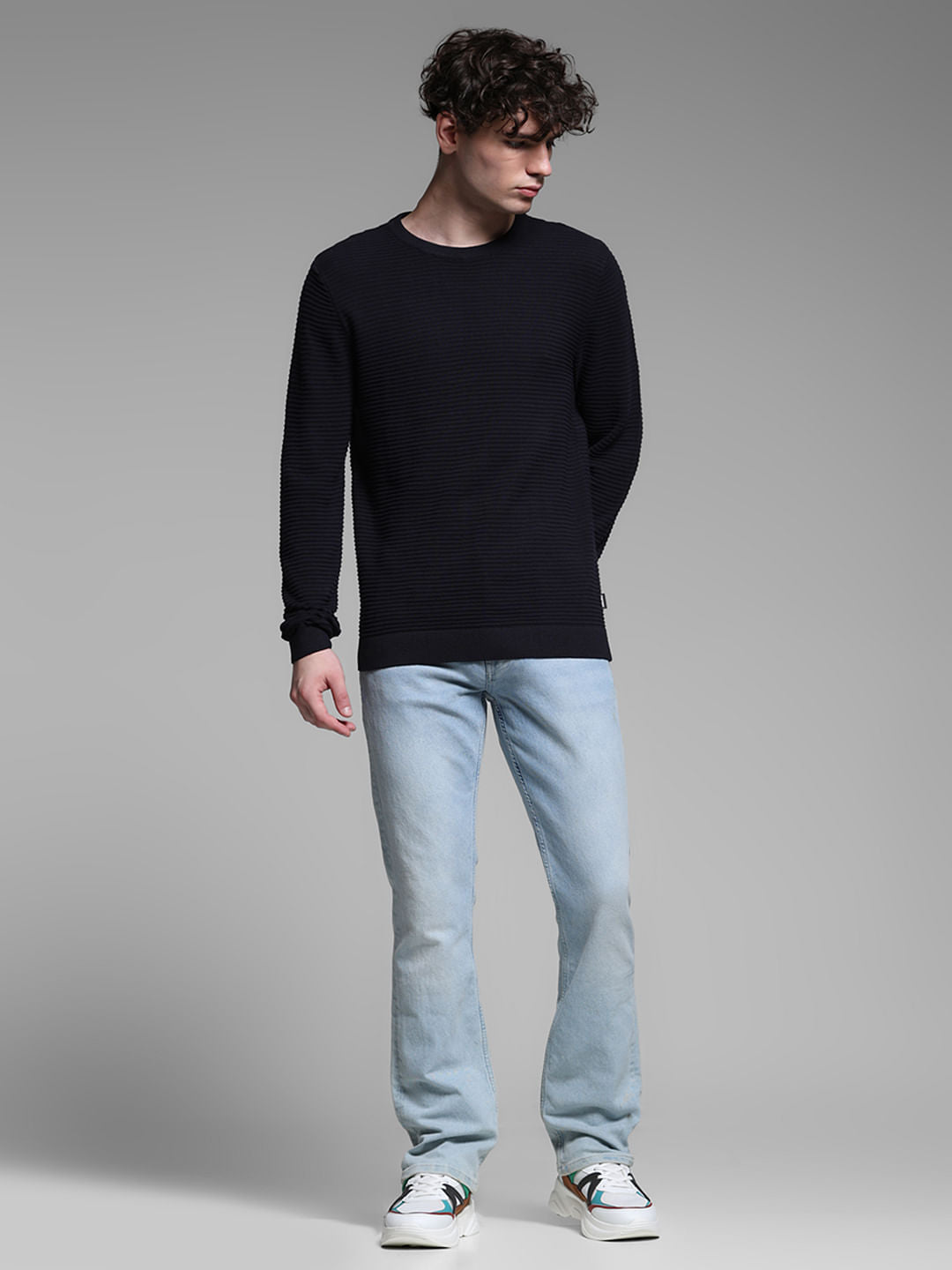 Navy Blue Flat Knit Cotton Pullover