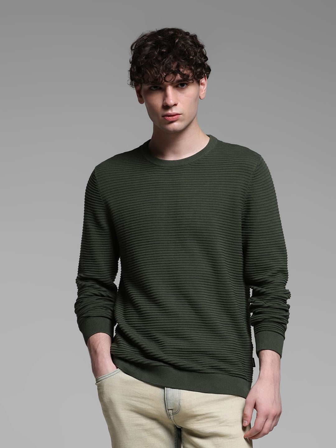 Green Flat Knit Cotton Pullover
