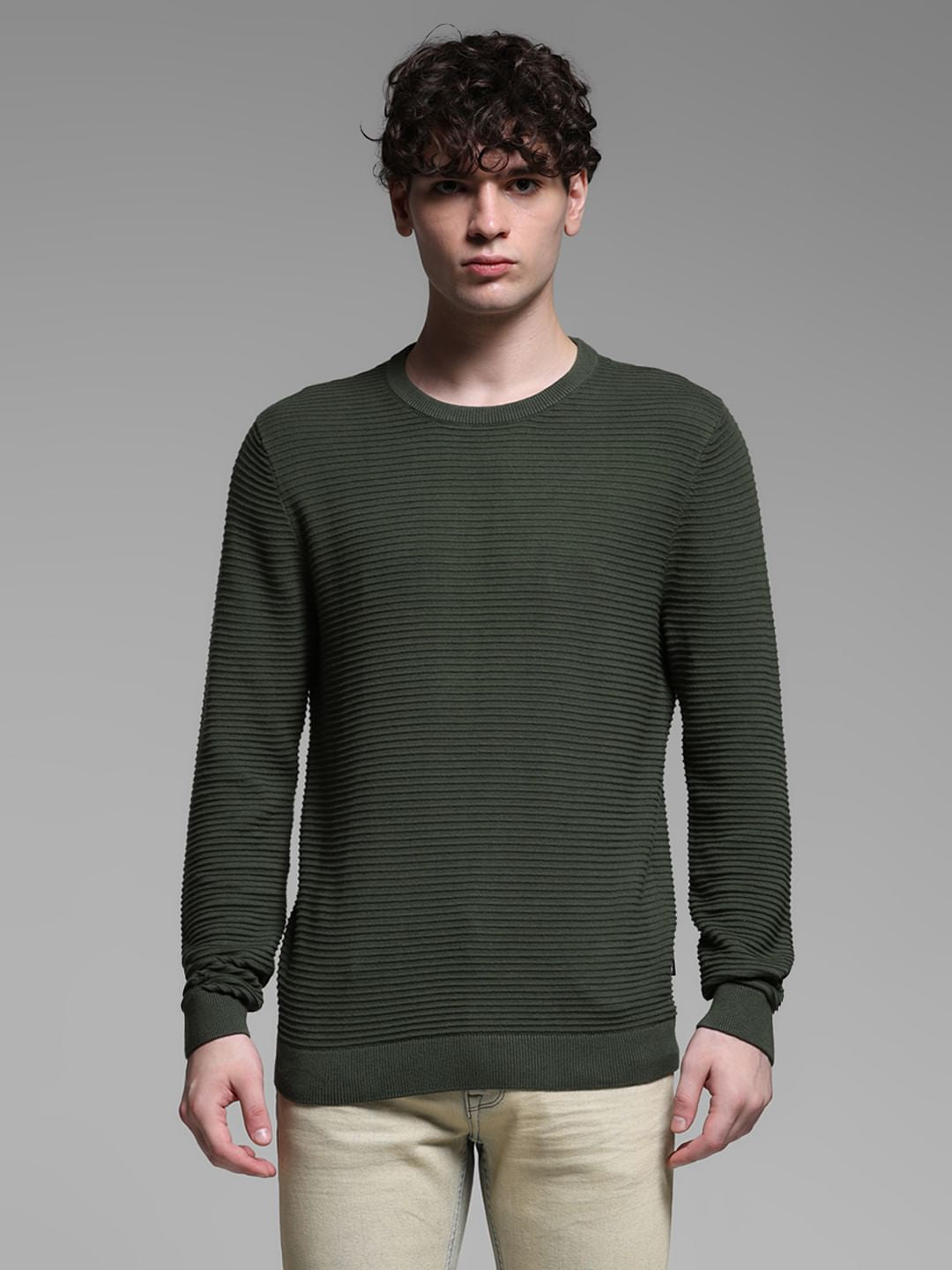 Green Flat Knit Cotton Pullover