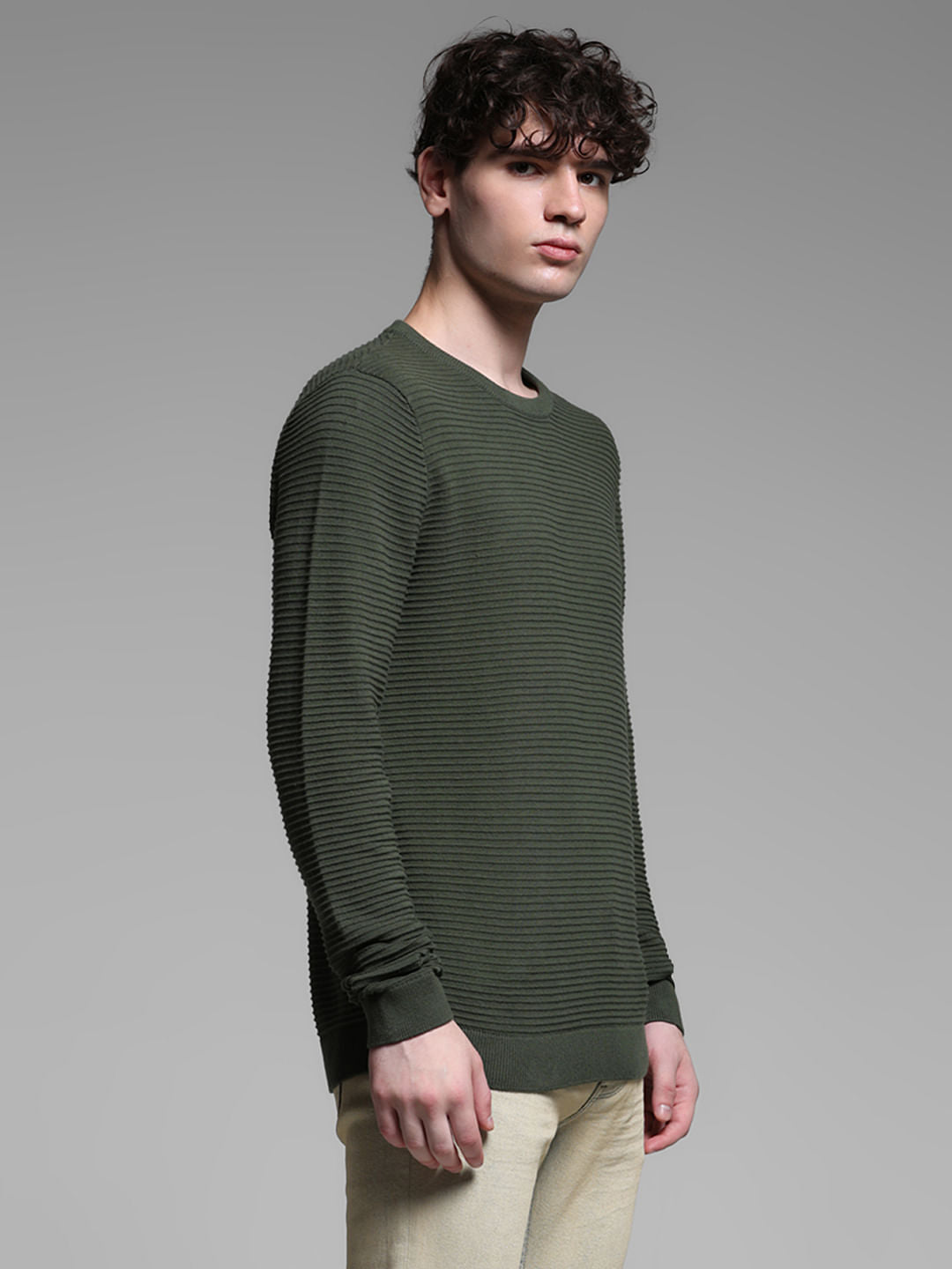 Green Flat Knit Cotton Pullover