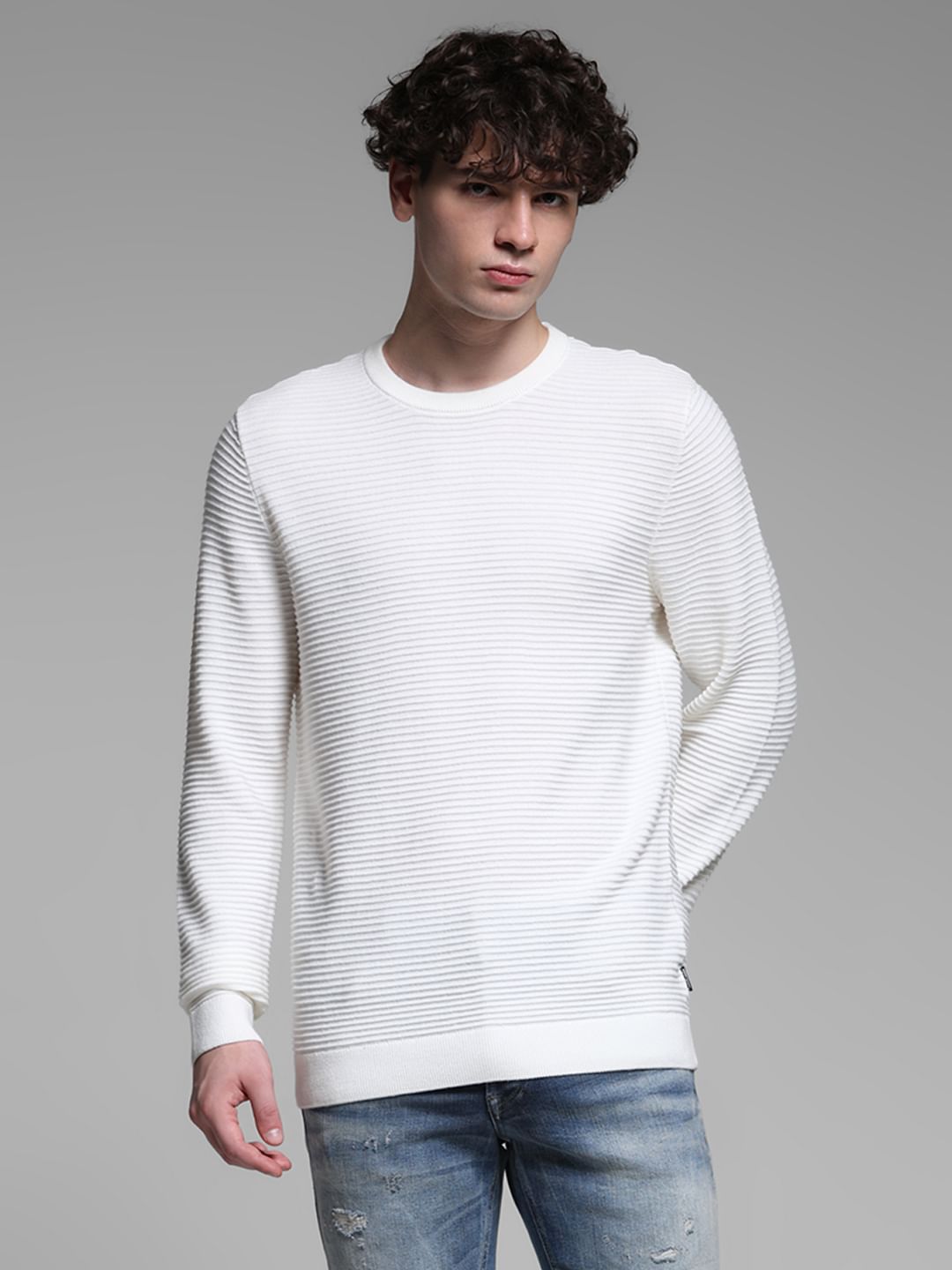 White Flat Knit Cotton Pullover