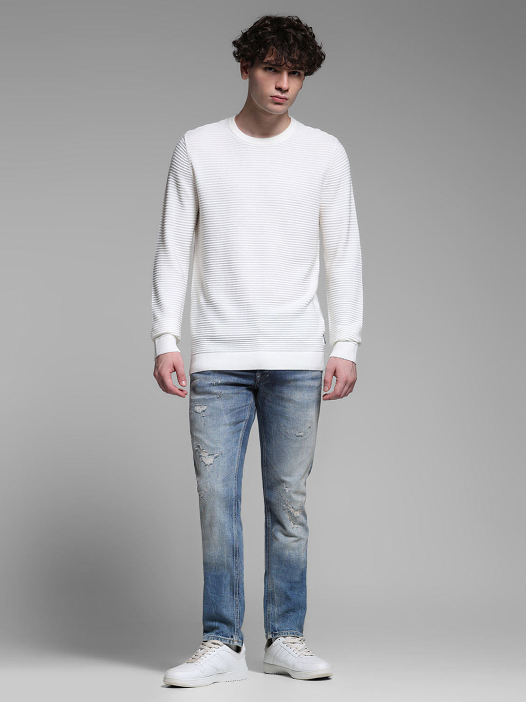 White Flat Knit Cotton Pullover