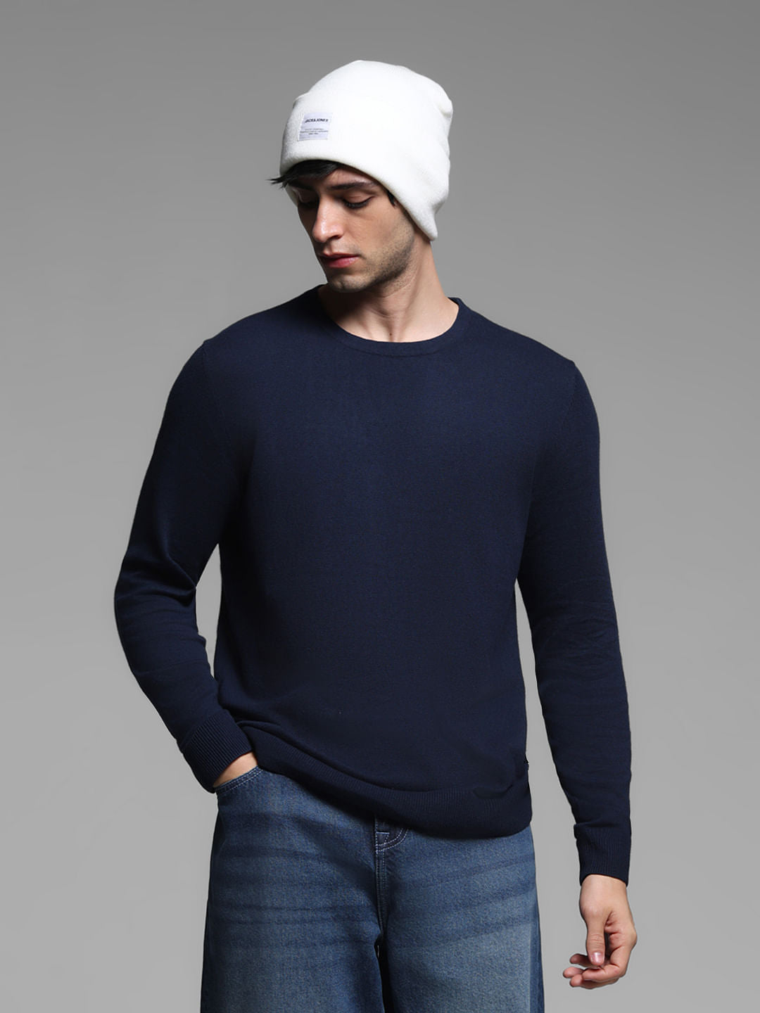 Navy Blue Flat Knit Pullover