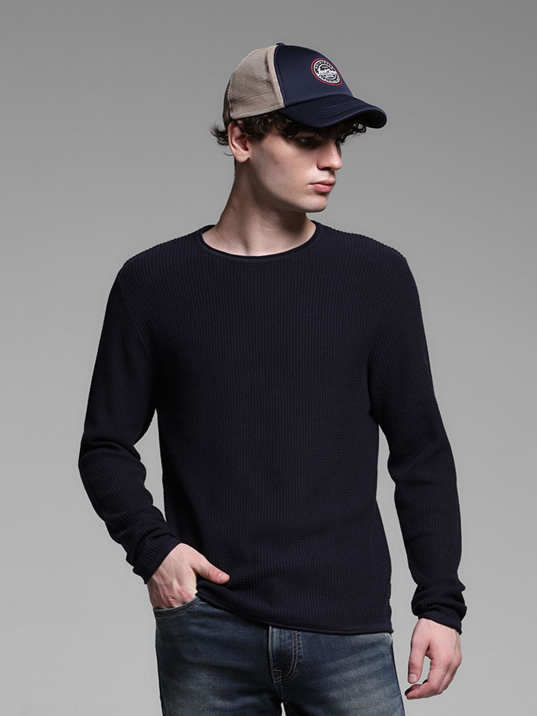 Navy Blue Raw Edge Flat Knit Pullover