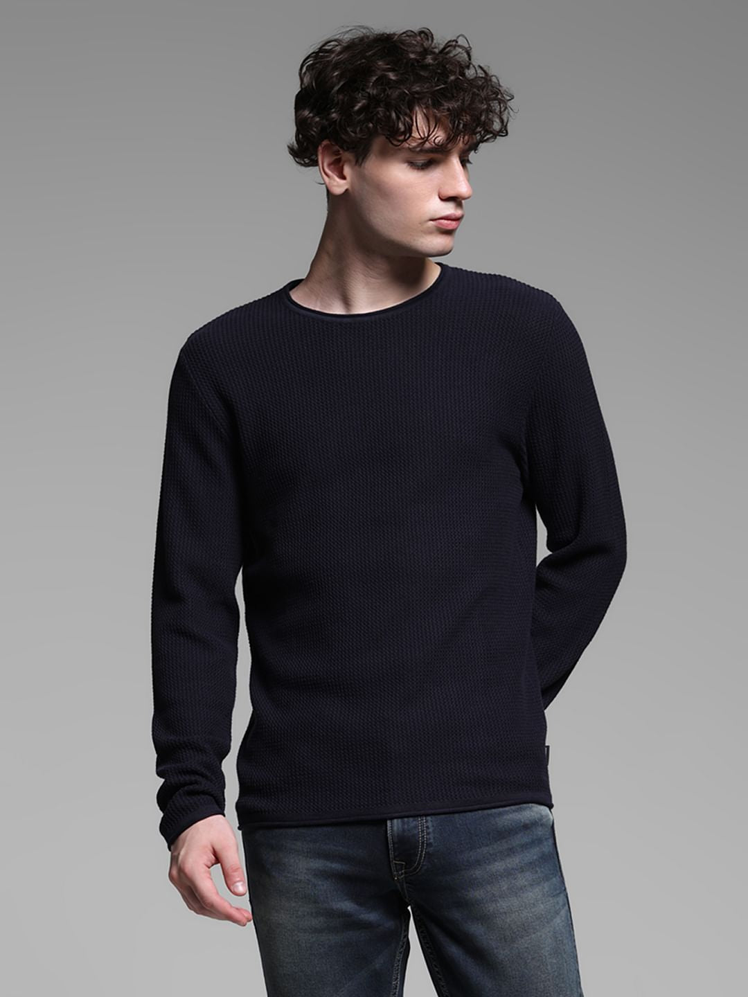 Navy Blue Raw Edge Flat Knit Pullover