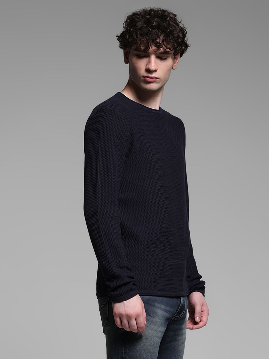 Navy Blue Raw Edge Flat Knit Pullover
