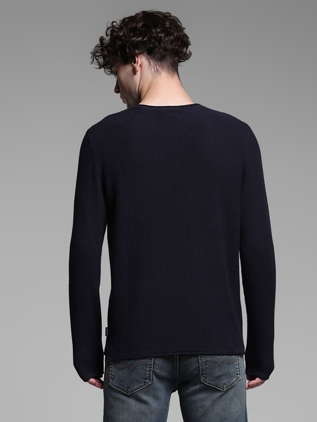 Navy Blue Raw Edge Flat Knit Pullover