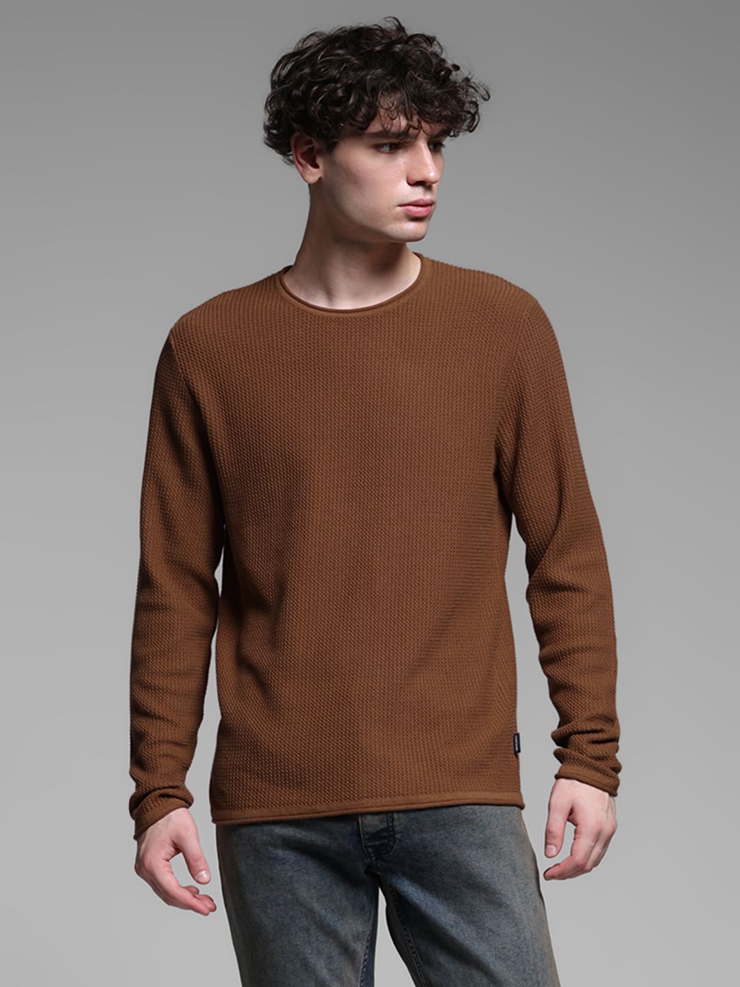 Brown Raw Edge Flat Knit Pullover