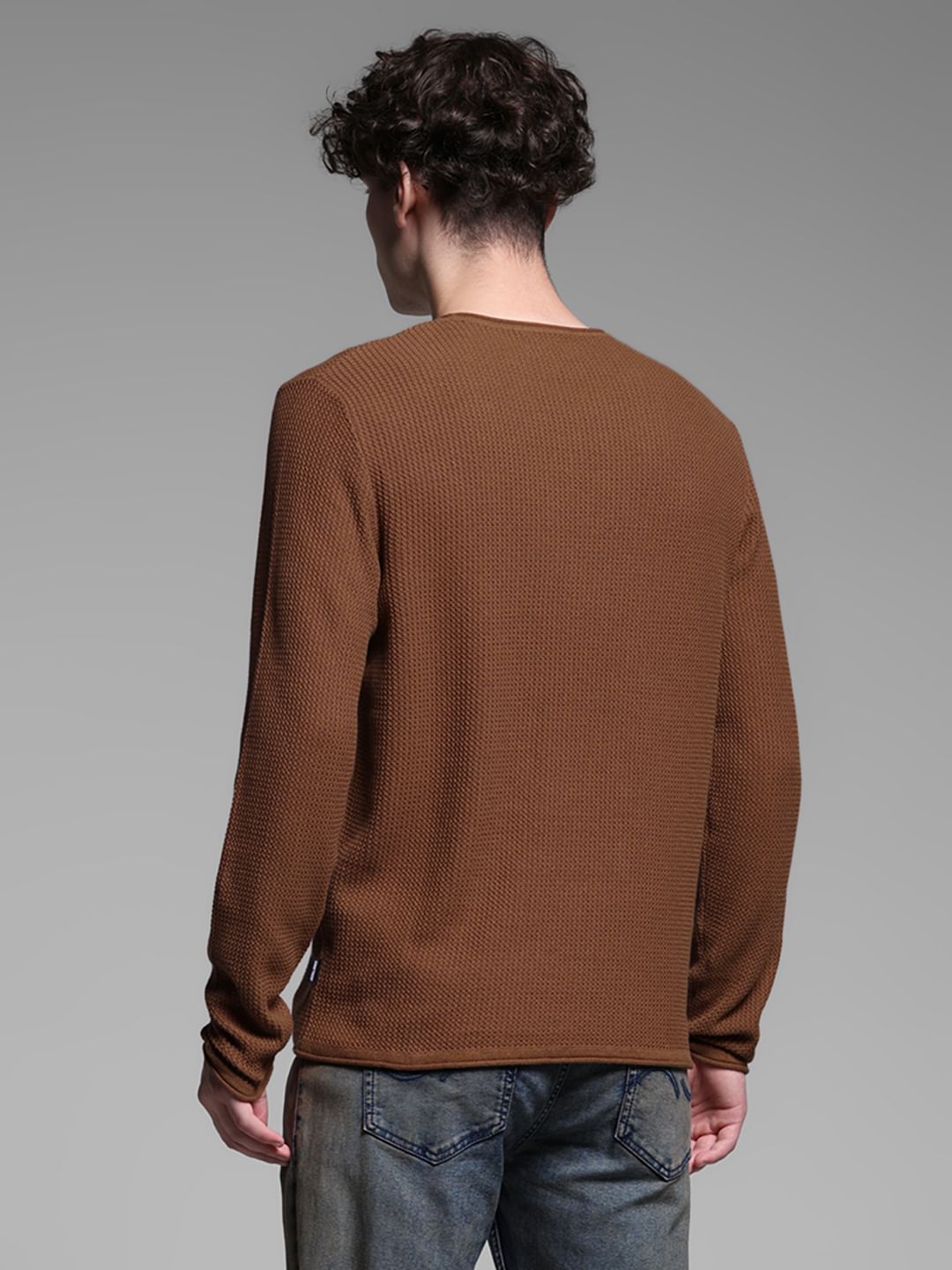 Brown Raw Edge Flat Knit Pullover