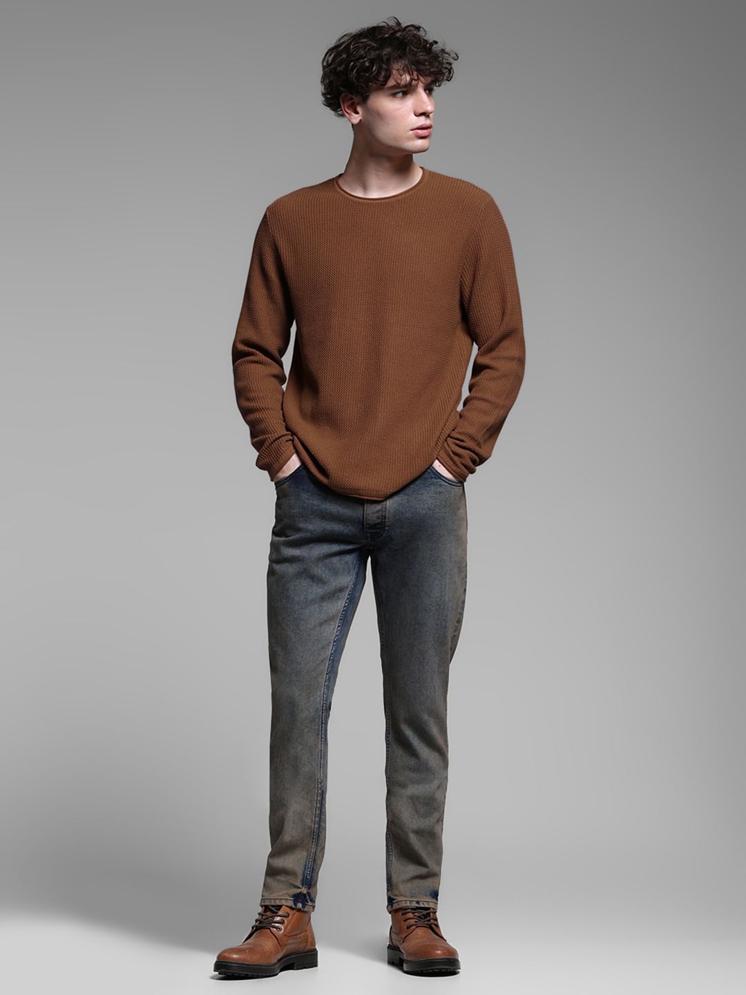Brown Raw Edge Flat Knit Pullover